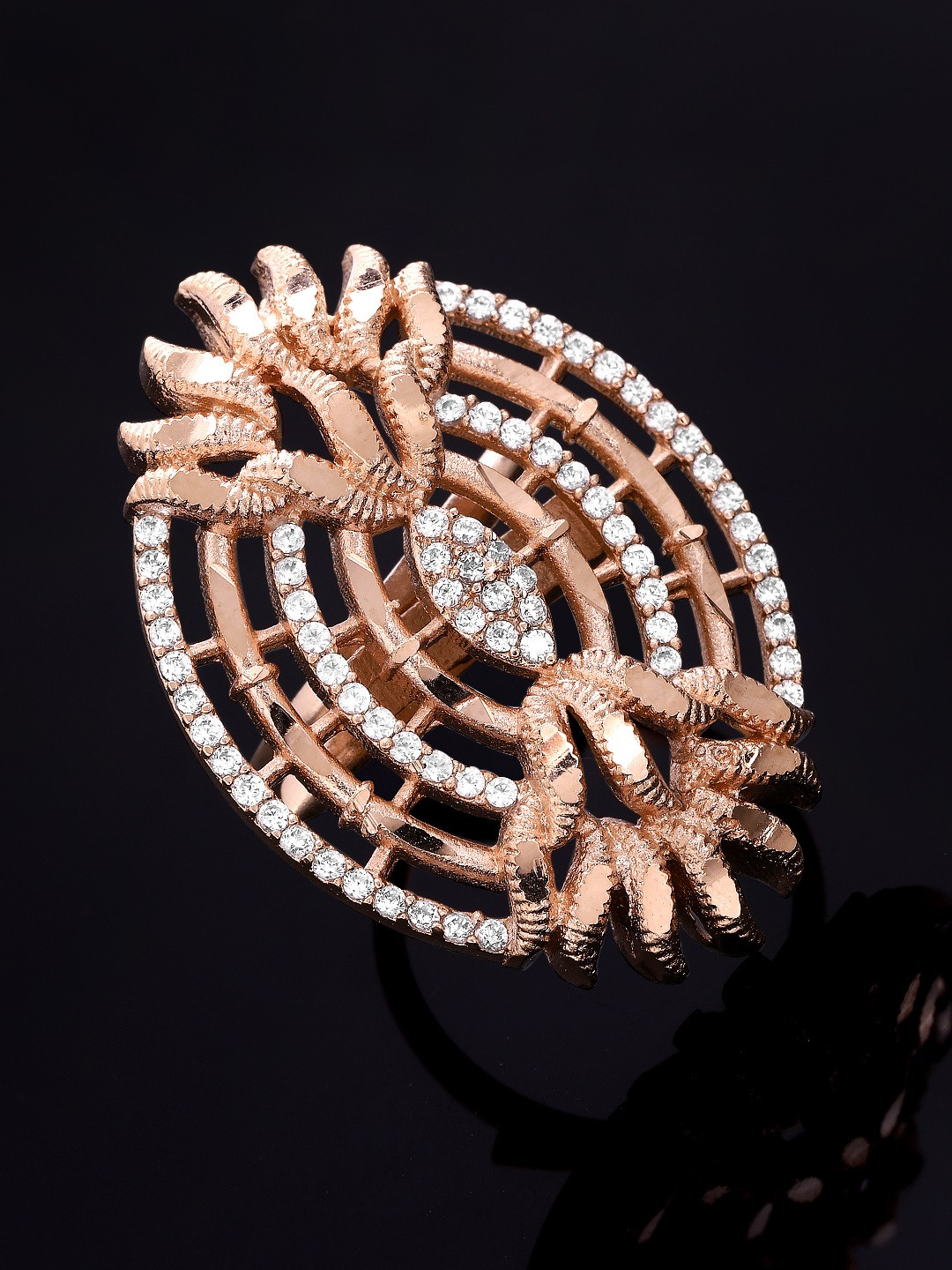 Rubans Rose Gold-Plated White CZ-Studded Handcrafted Adjustable Finger Ring