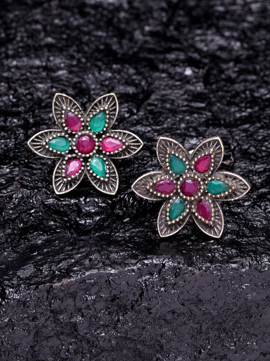PANASH Silver-Plated Green & Red Floral Studs