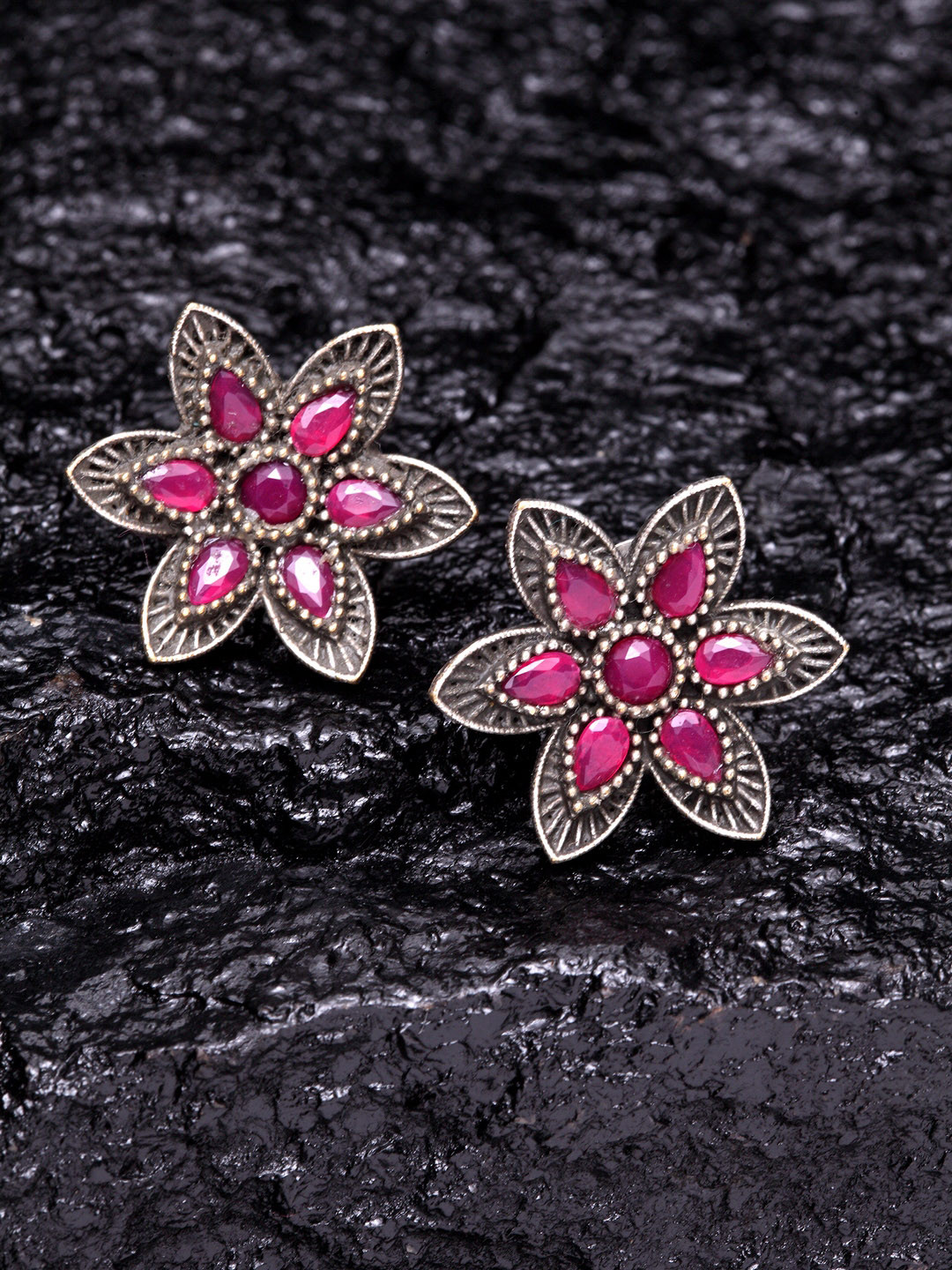 PANASH Pink Silver Plated Contemporary Oxidised Studs
