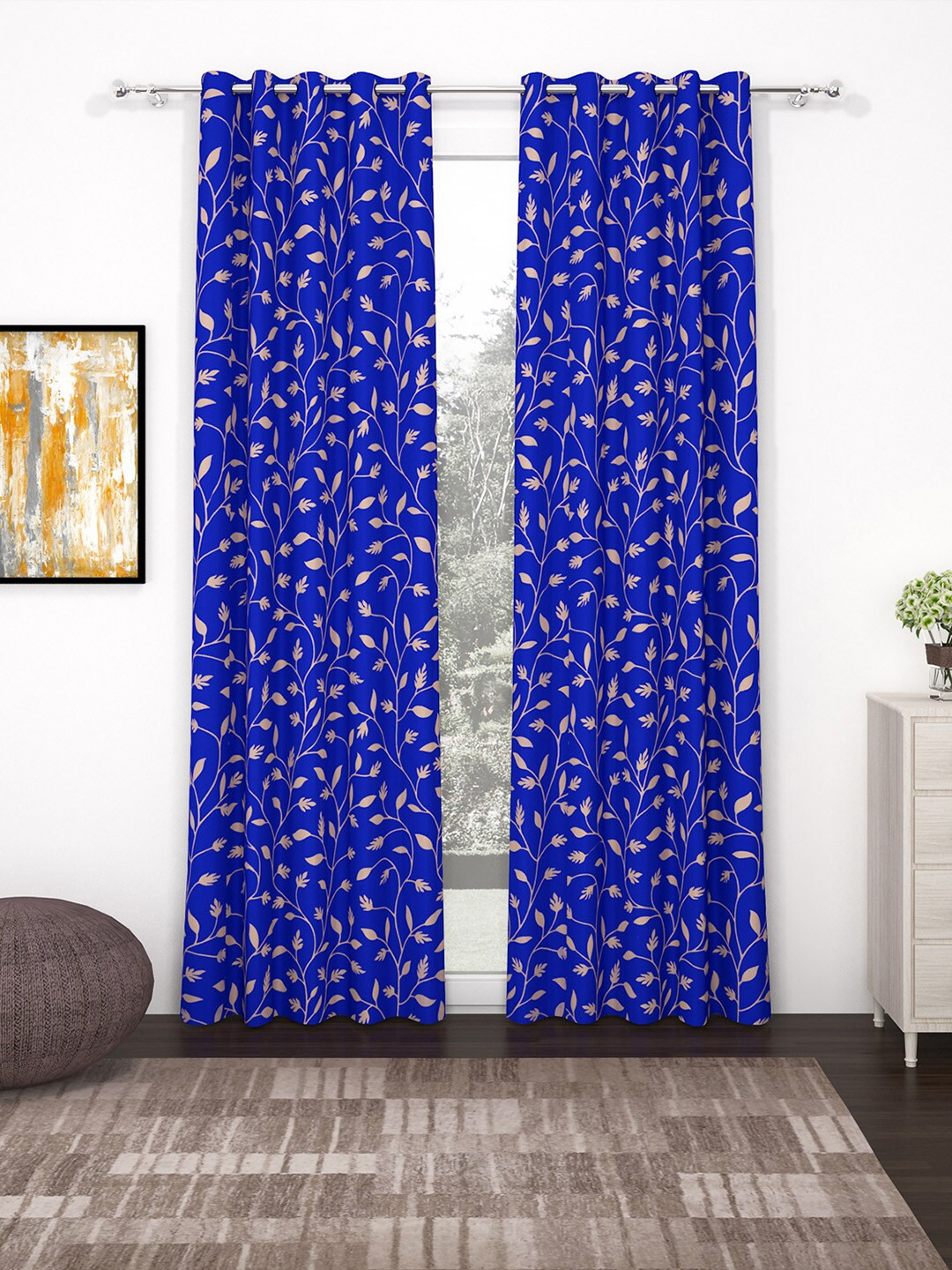 Bedspun Set Of 2 Blue & Brown Prineted Polyetser Eyelet Ringtop Door Curtains