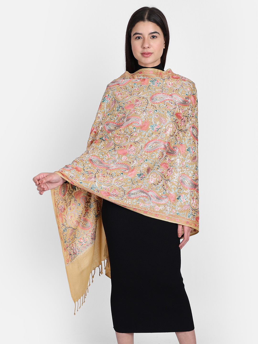 Anekaant Women Beige & Blue Kashida Embroidered Shawl