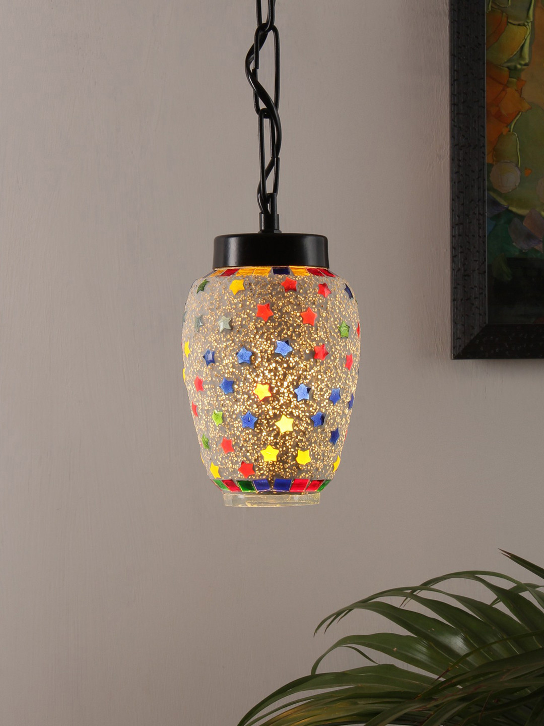 Devansh White & Yellow Mosaic Glass Hanging Light
