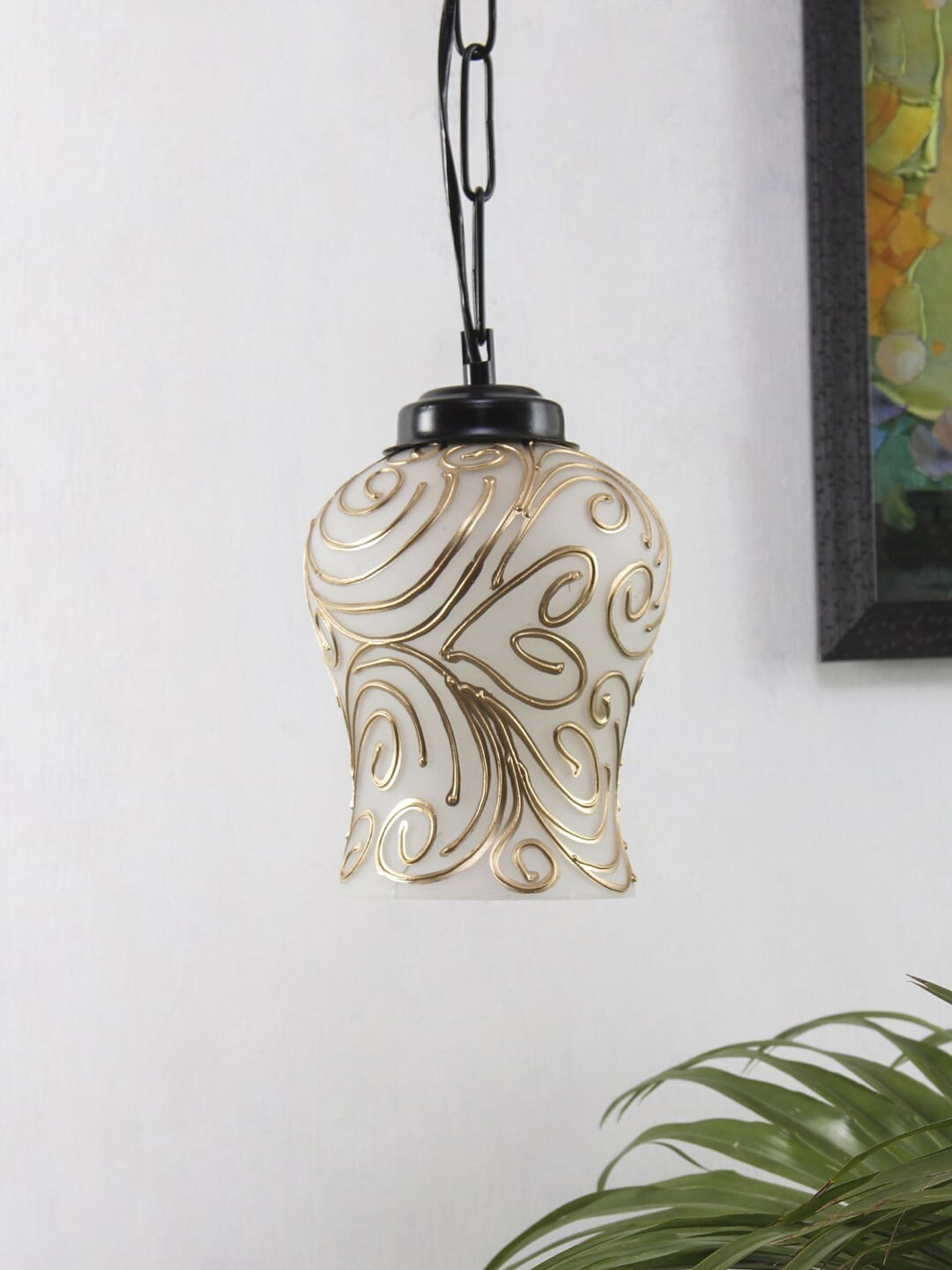 Devansh Gold-Toned & Beige Printed Mosaic Glass Hanging Light