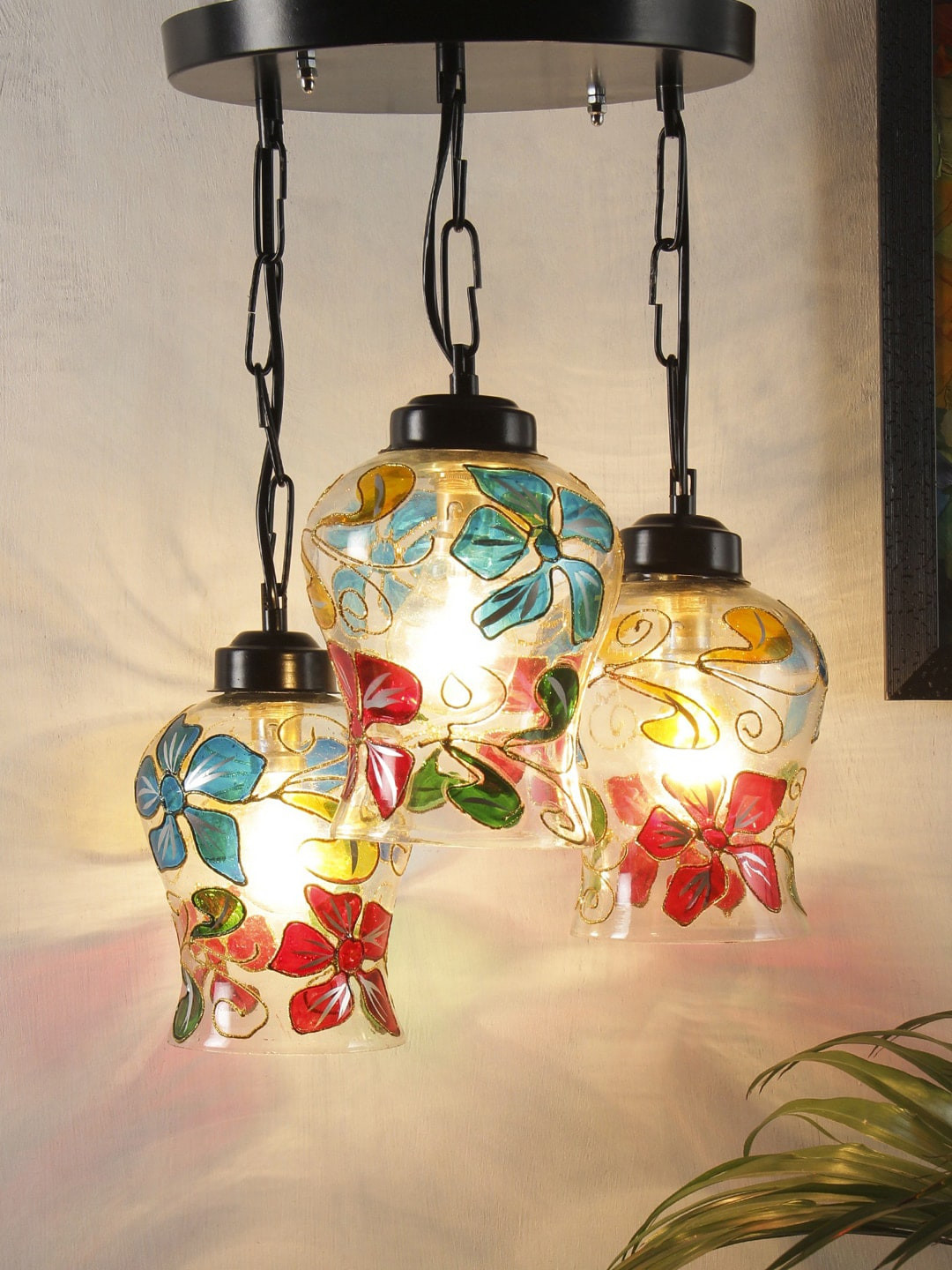 Devansh Transparent & Red Mosaic Pattern Traditional Glass Cluster Lights