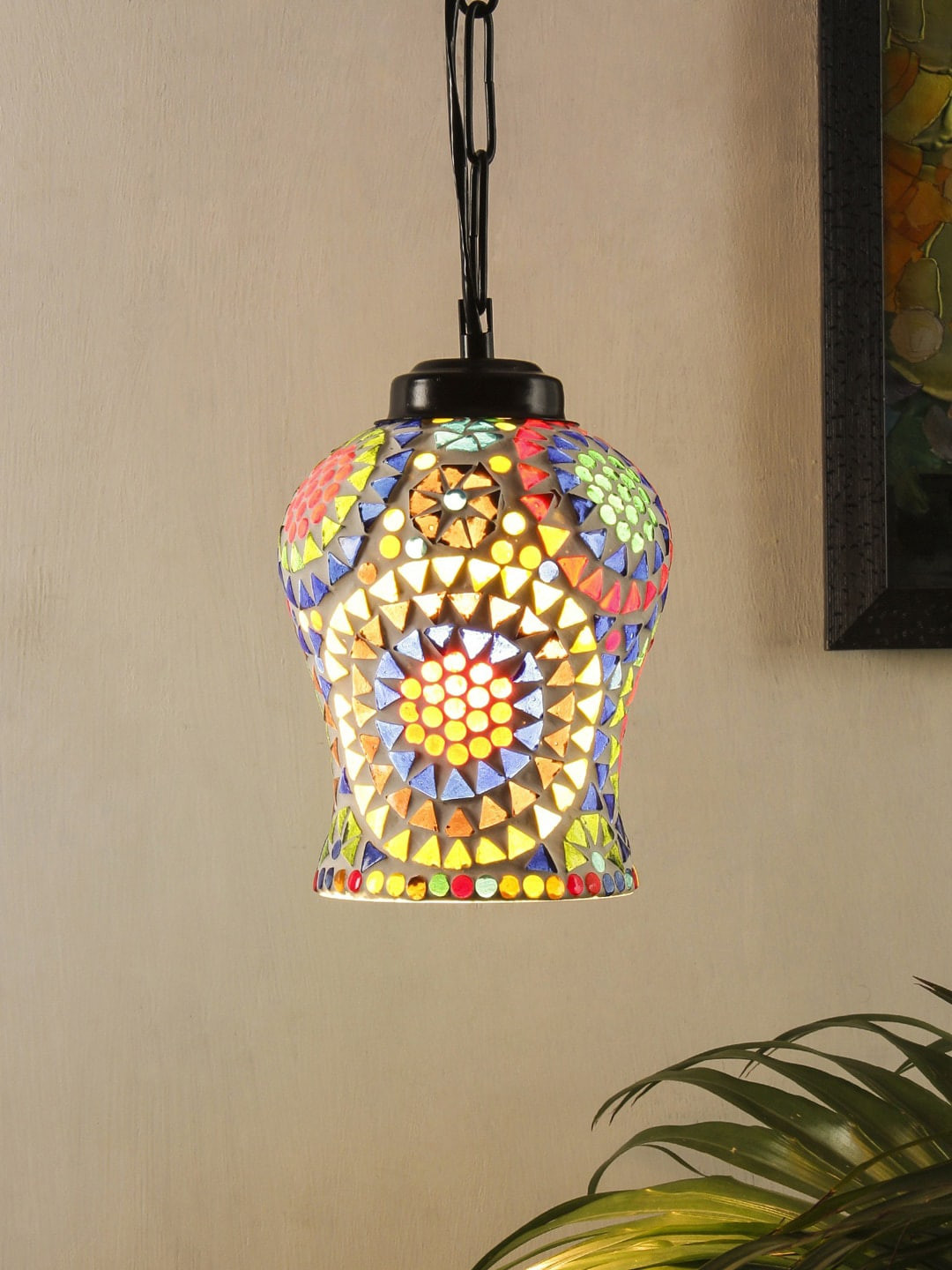Devansh Blue & Yellow Mosaic Glass Hanging Light