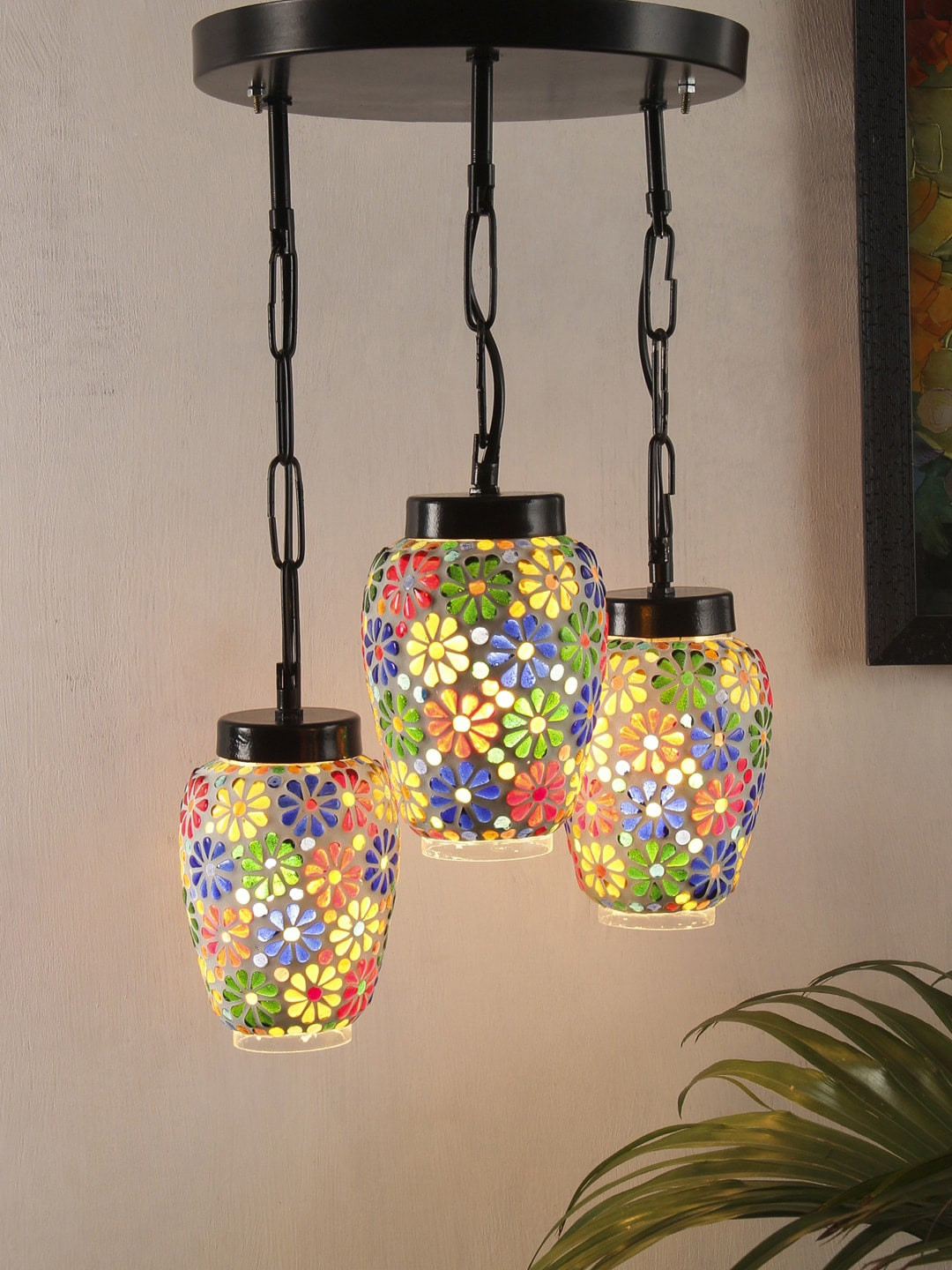 Devansh Blue & Yellow Mosaic Pattern Traditional Glass Cluster Hanging Cluster Lights