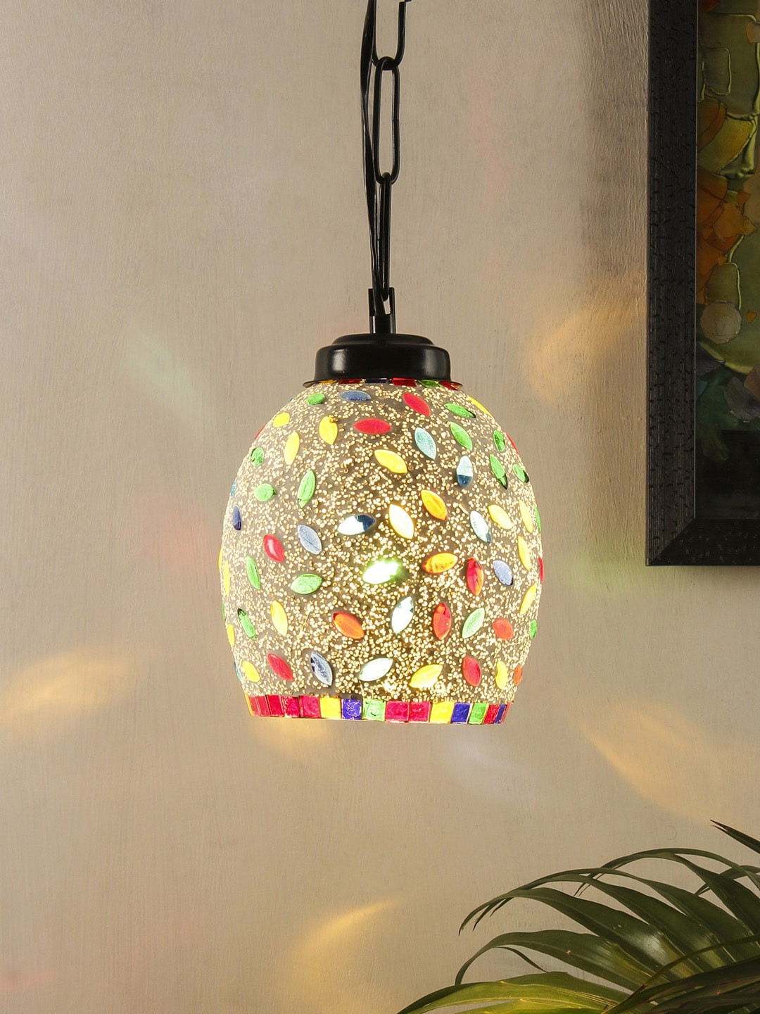 Devansh White & Red Mosaic Glass Hanging Light