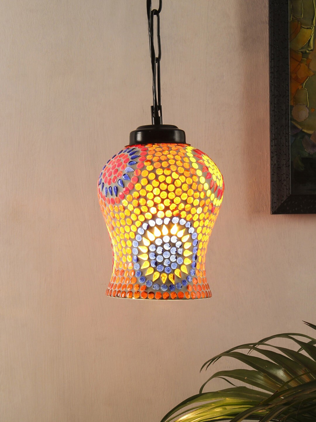 Devansh Orange & Gold-Toned Mosaic Hanging Lamp with Glass Shade