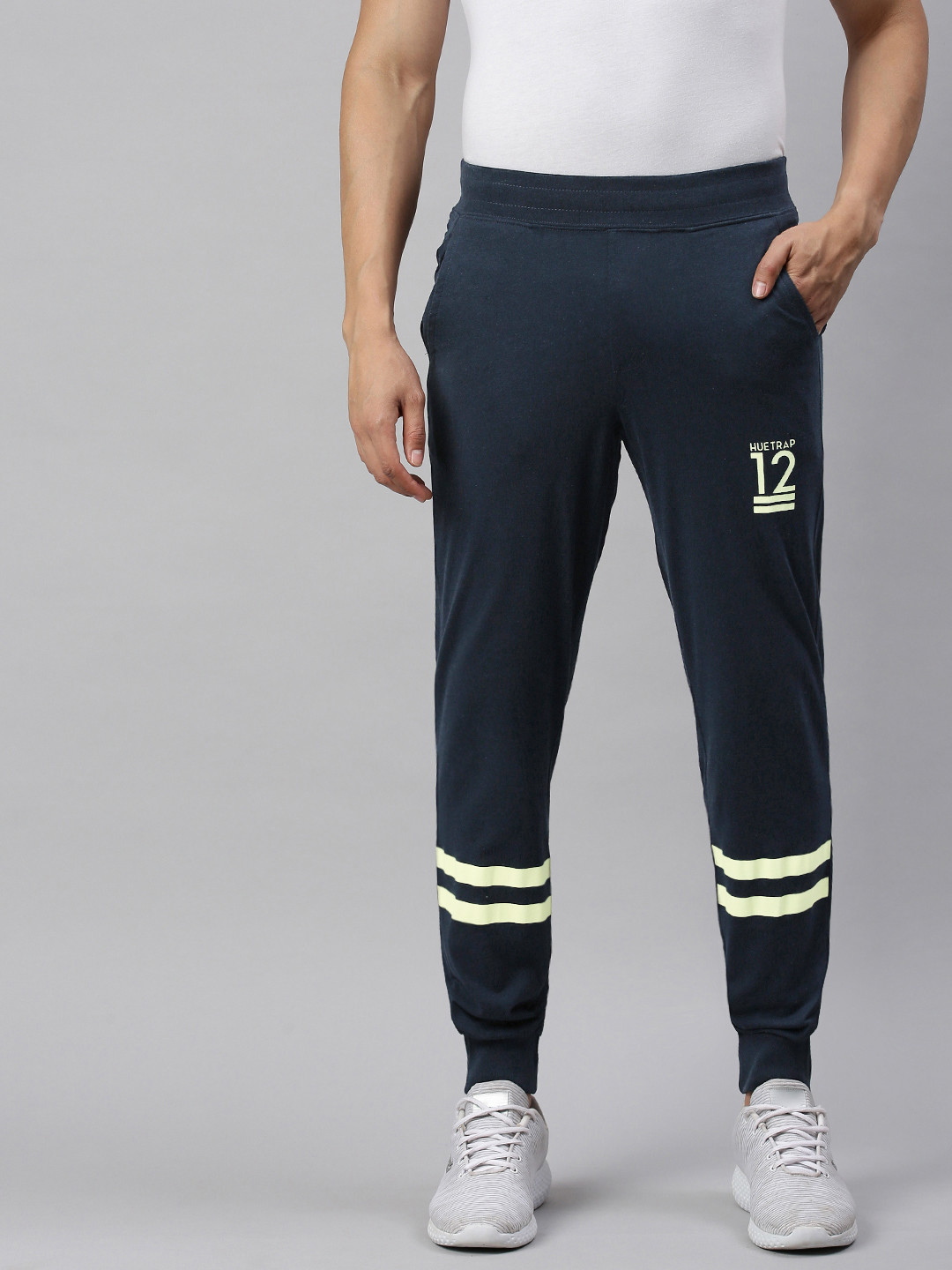 Huetrap Men Navy Blue Solid Straight-Fit Joggers Sustainable with Printed Detail