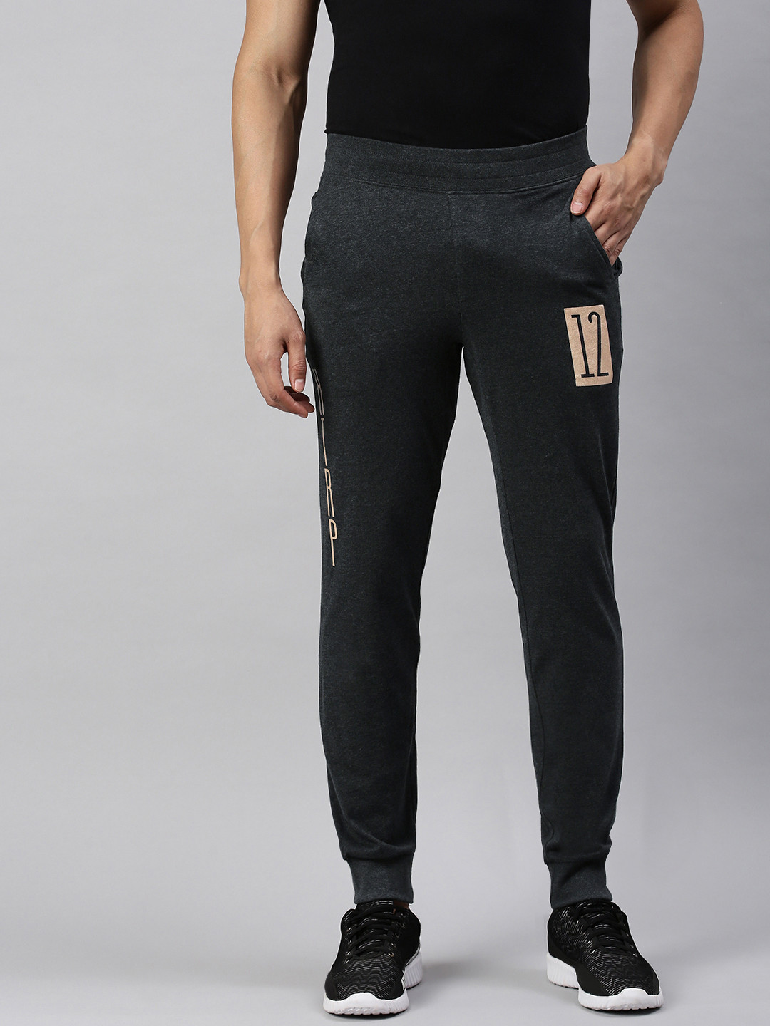 Huetrap Mens Charcoal Melange Solid Knitted Sustainable Straight Fit Joggers