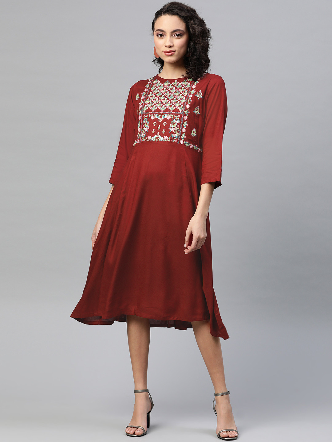 plusS Women Maroon Embroidered Pure Cotton Midi A-Line Dress with Mirror Work Detail