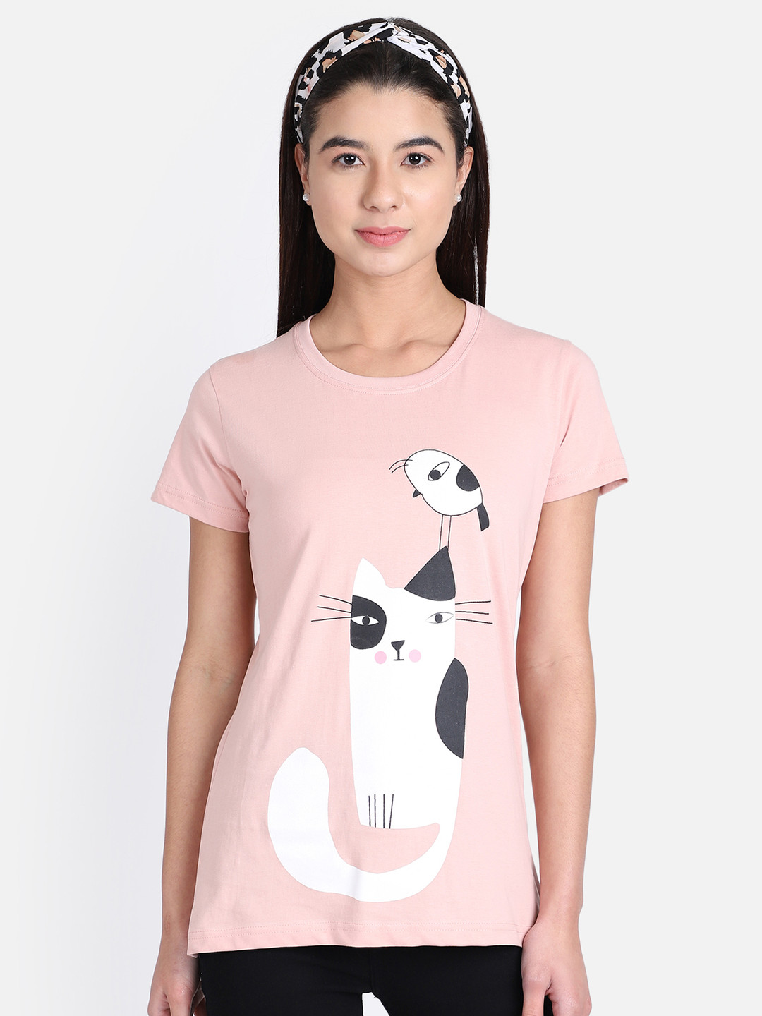 OBOW Women Pink White Printed Round Neck Pure Cotton T-shirt
