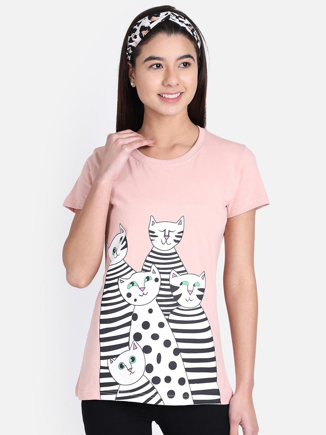 OBOW Women Pink Printed Cotton Round Neck Pure Cotton T-shirt