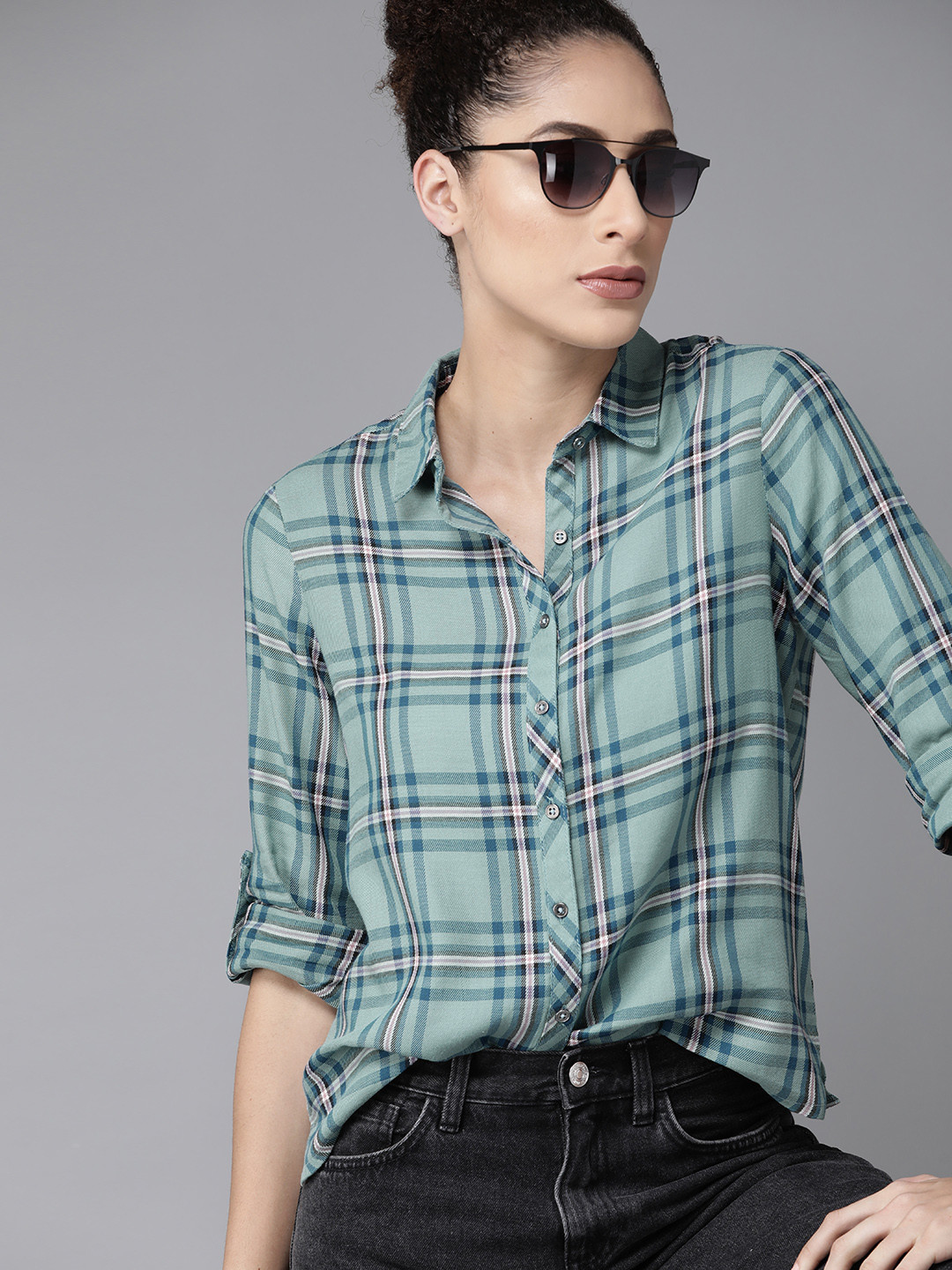 Roadster Women Green  Blue Tartan Checks Casual Shirt