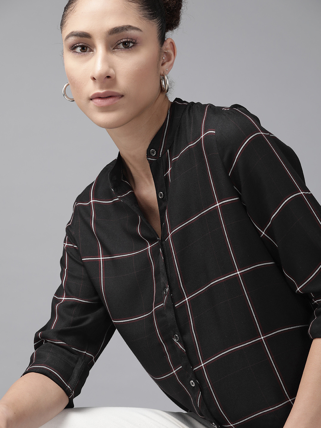 Roadster Women Black  Maroon EcoVero Windowpane Checks Casual Shirt