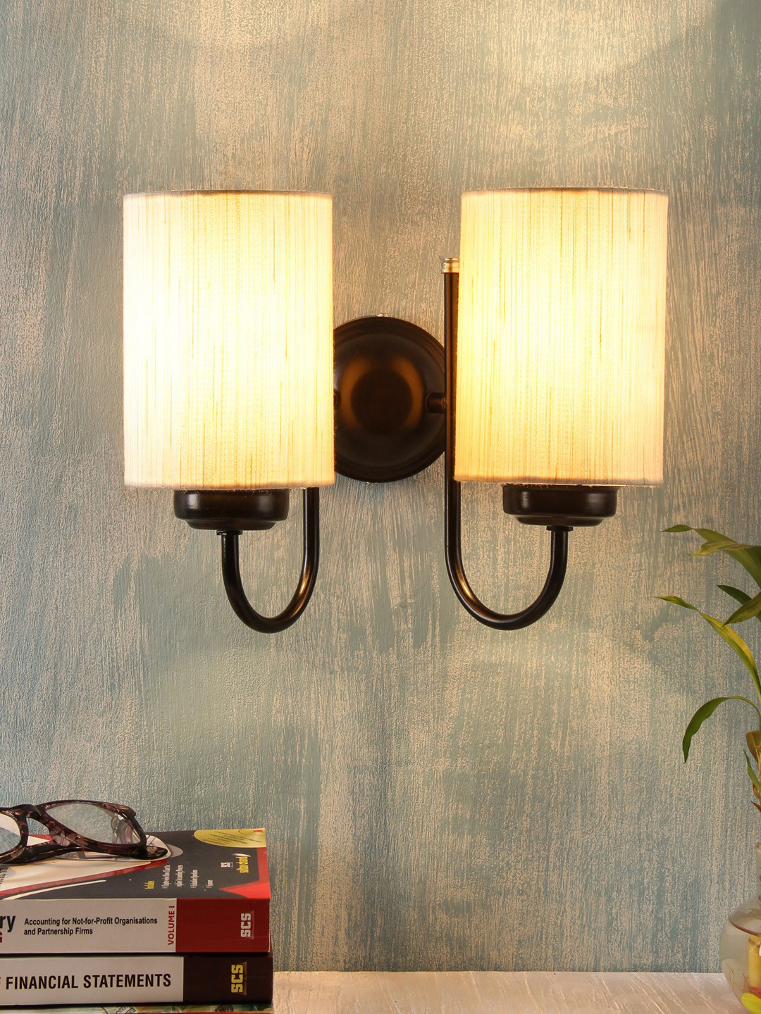 Devansh Off White & Beige Solid Traditional Wallchiere Double Lamp With Fabric Shade