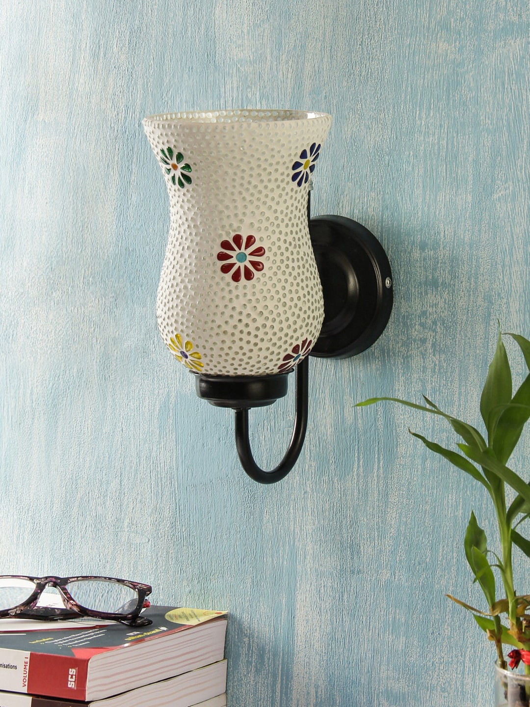 Devansh Yellow & Red Textured Traditional Wallchiere Lamp with Glass Shade