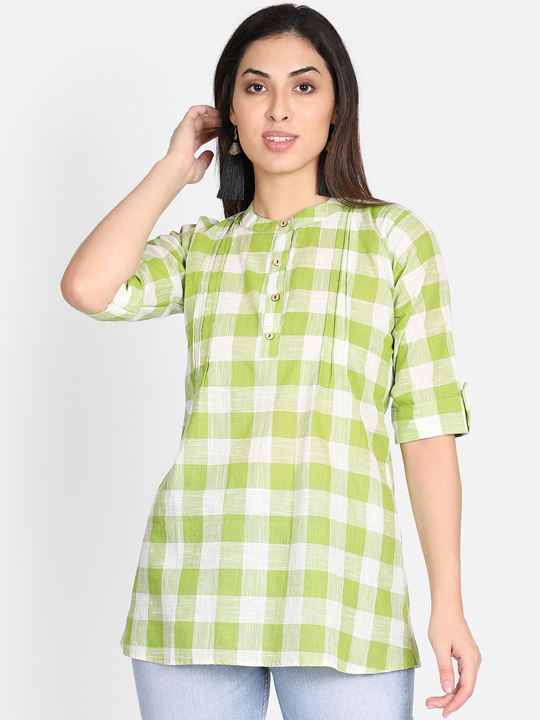 Resha Women Green Checked Shirt Style Pure Cotton Top