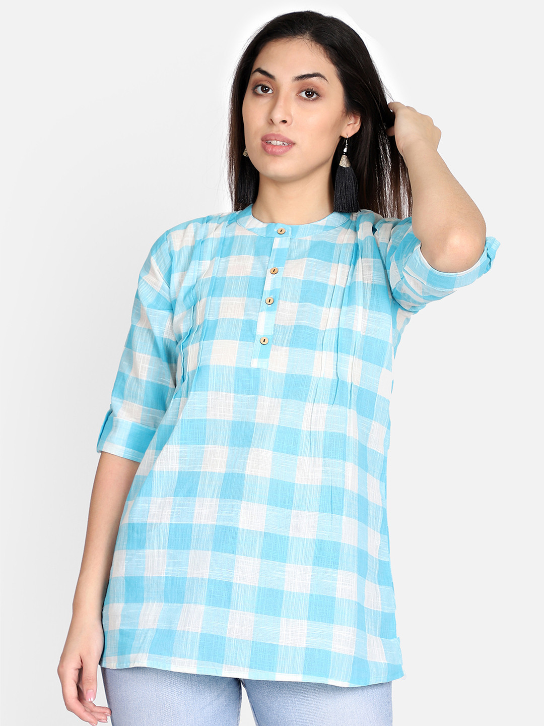 Resha Women Blue Checked Handloom Shirt Style Top