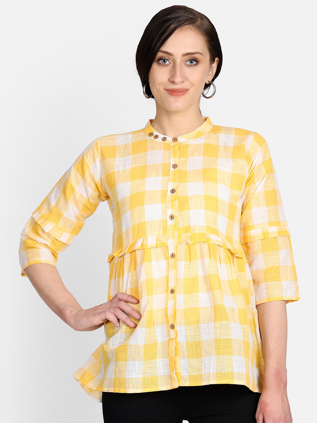Resha Women Yellow & White Checked Handloom Shirt Style Top