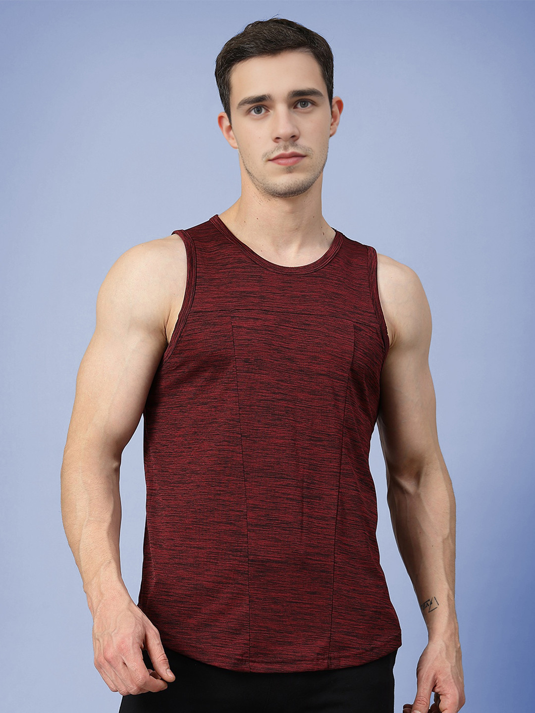Chkokko Men Burgundy Printed Round Neck Gym T -Shirt