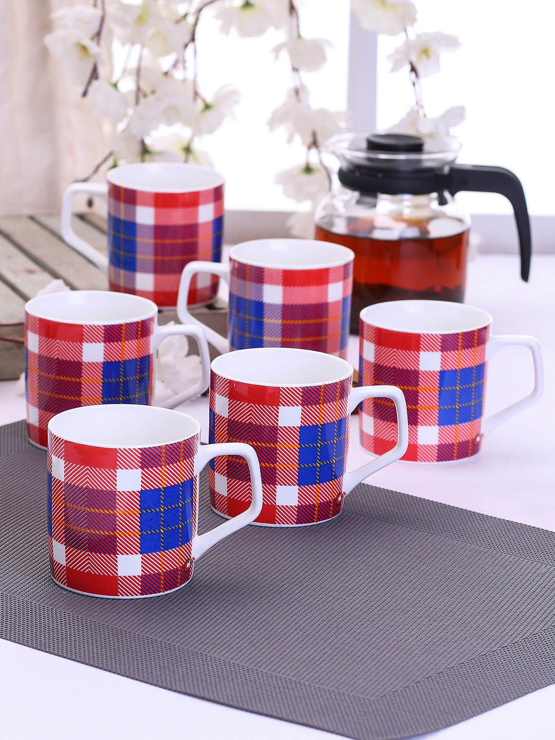 CLAY CRAFT Belle Multicoloured Checkered Ceramic Handmade 6 Piece Cups-230ml
