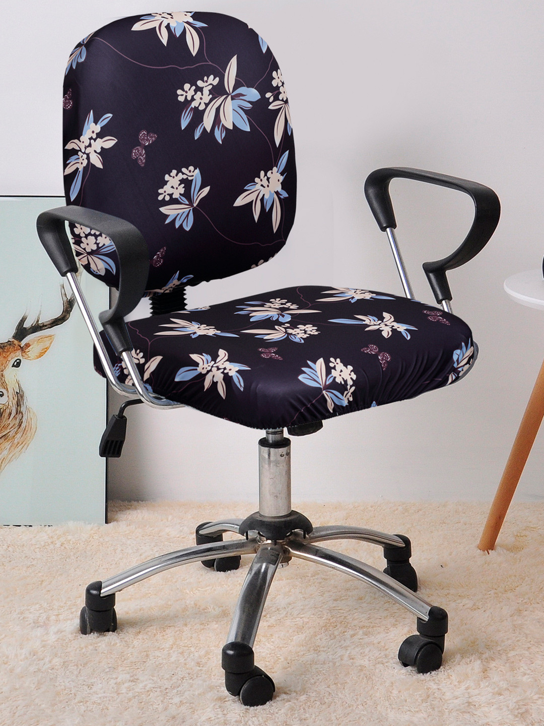 Cortina Navy Blue & Off-White Printed Chair Cover