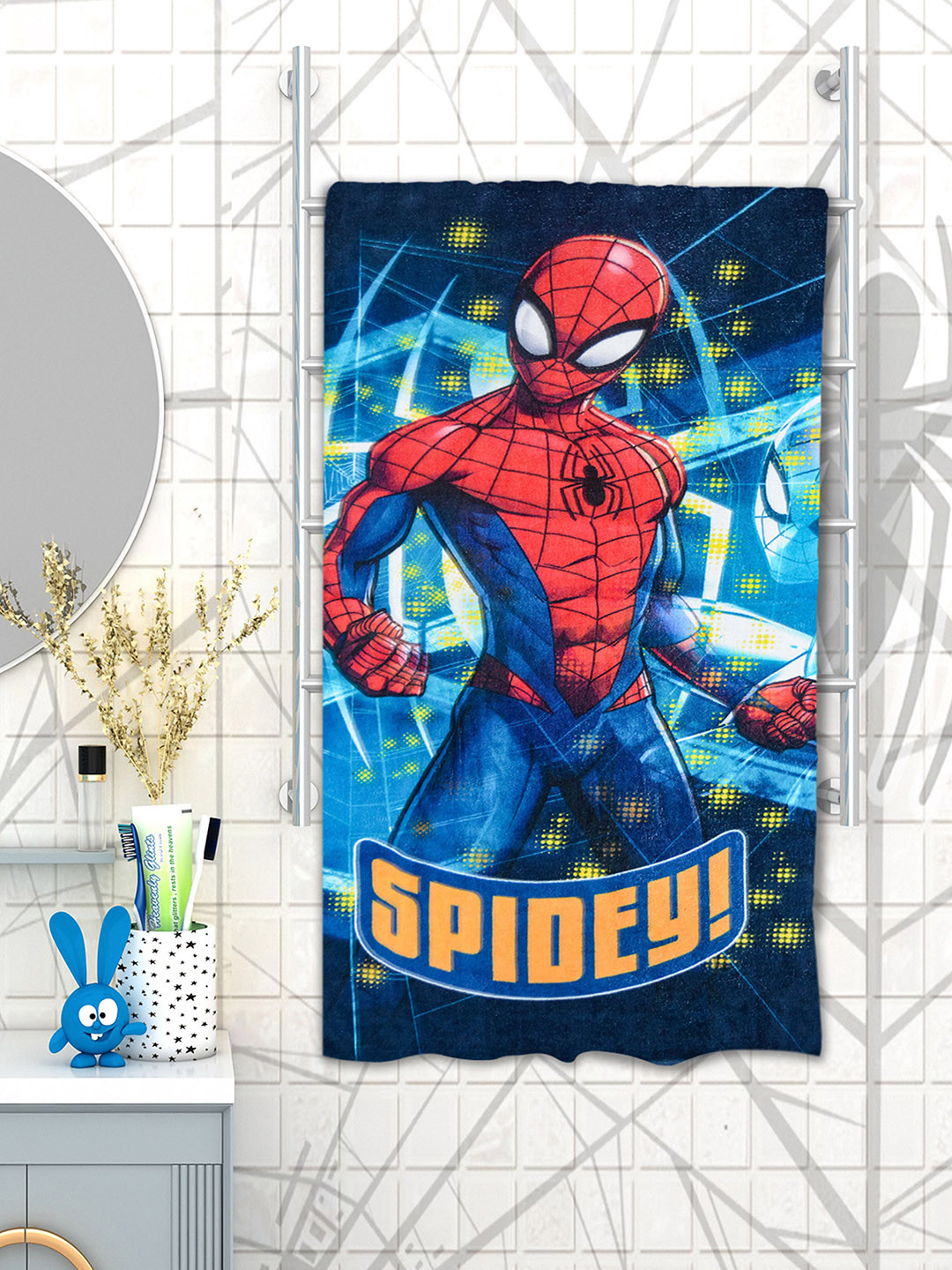 Marvel Unisex Kids Blue & Red Marvel Spiderman Printed 350 GSM Bath Towel