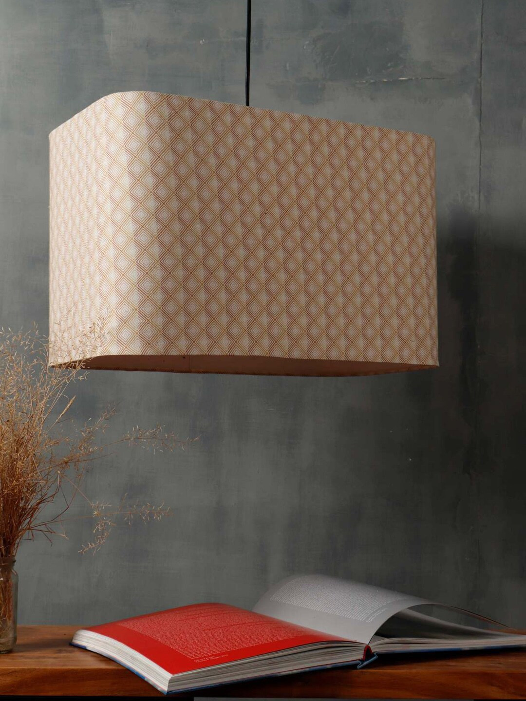 Grated Ginger Beige & Red Printed Rectangle Hanging Light
