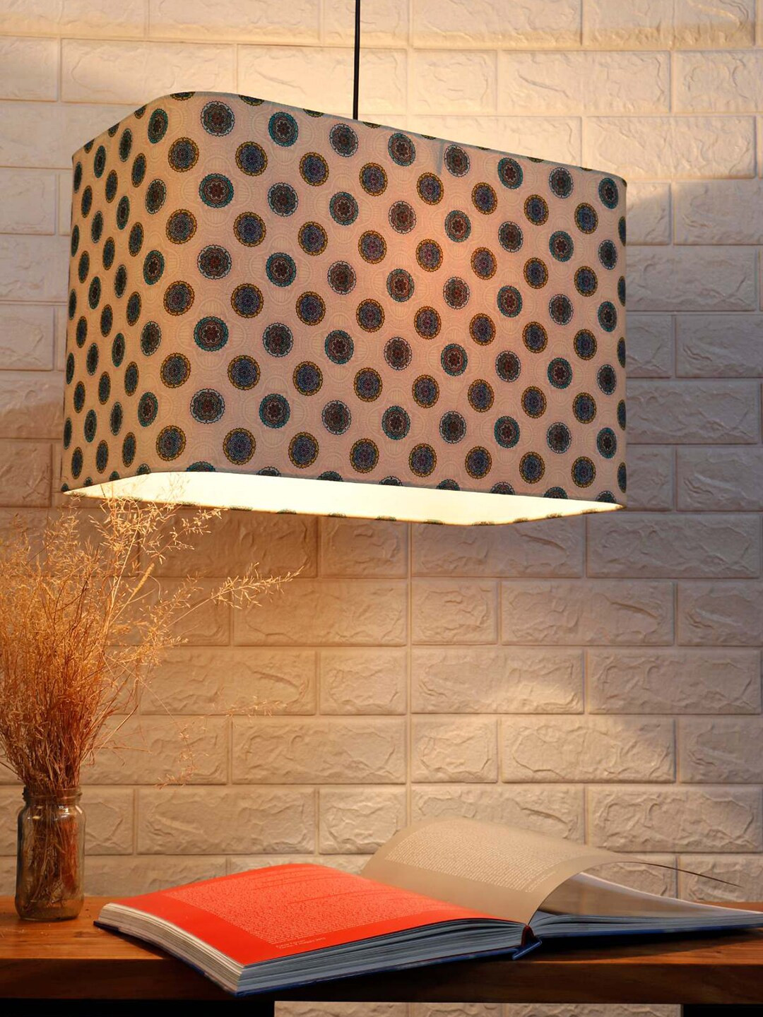 Grated Ginger Green & Off-White Mandala Pattern Rectangle Hanging Light