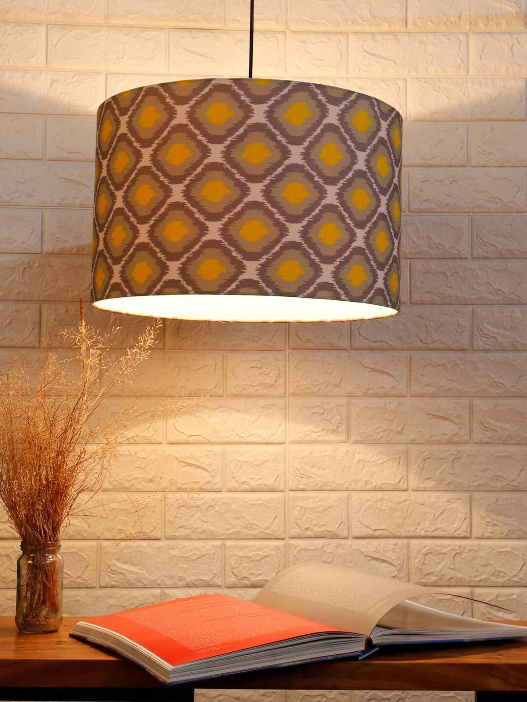 Grated Ginger Yellow & Grey Abstract Printed Drum Hanging Lampshade