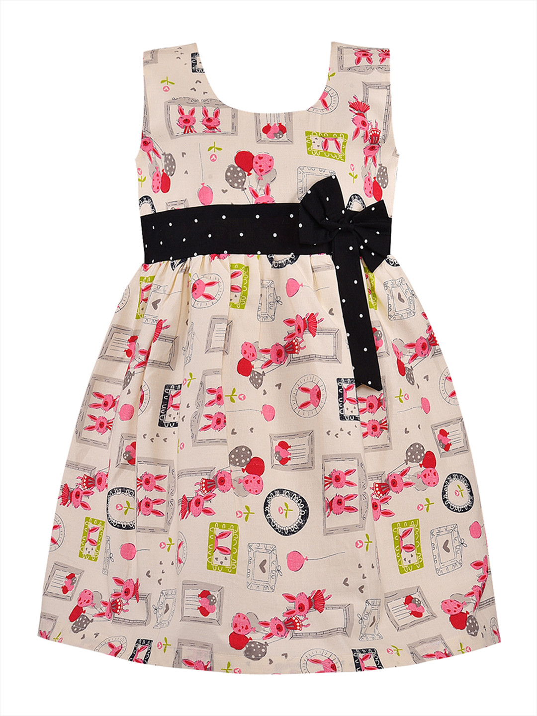 Wish Karo Girls Cream-Coloured & Pink Printed Fit and Flare Dress