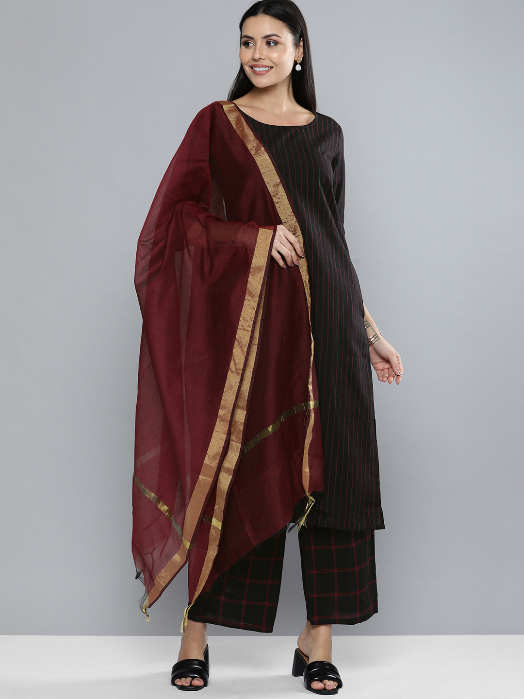 Vishudh Women Black & Maroon Solid Kurta with Palazzos & Dupatta