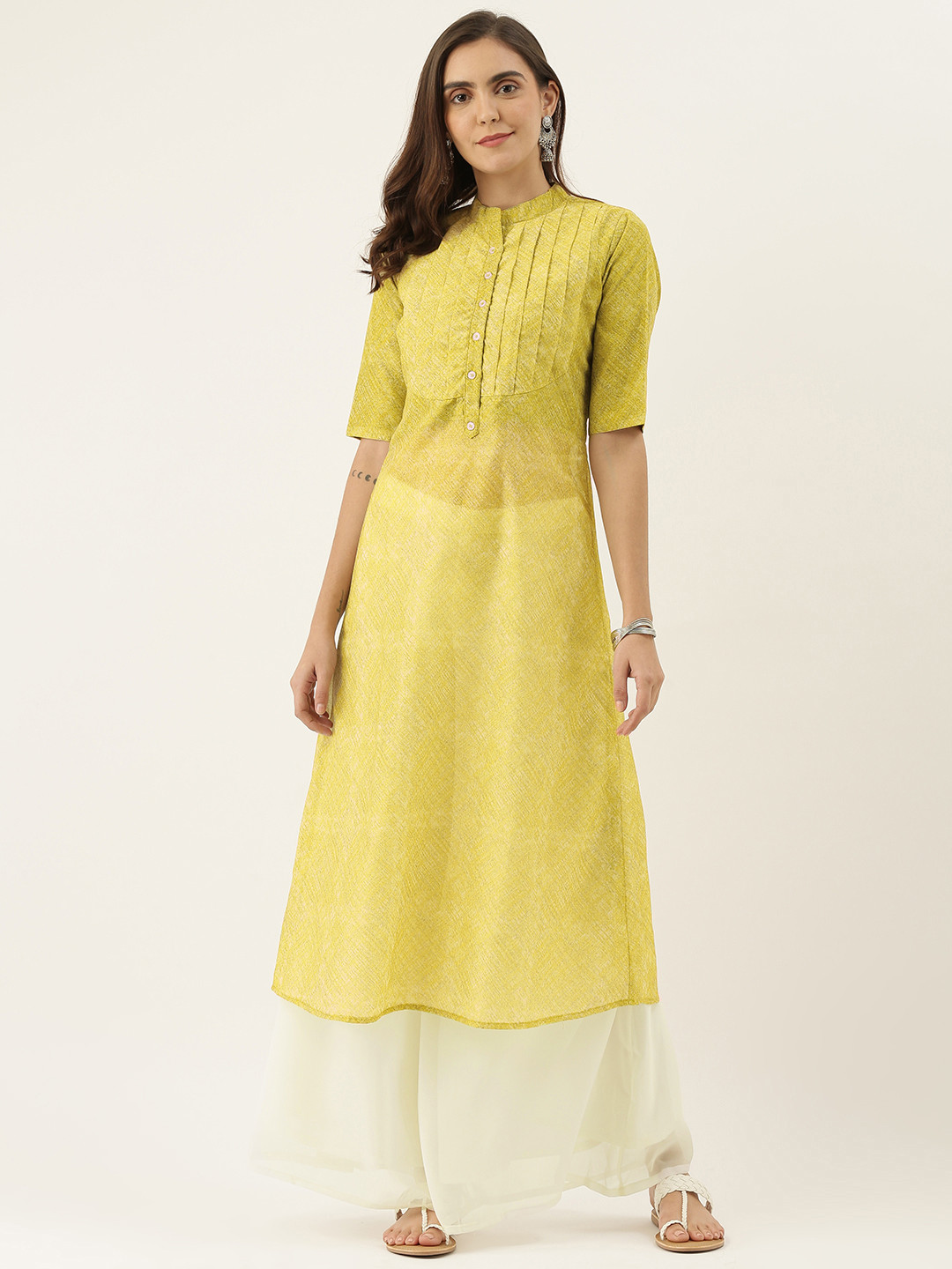 Ethnovog Women Green  Yellow Knife Pleated Printed A-Line Kurta