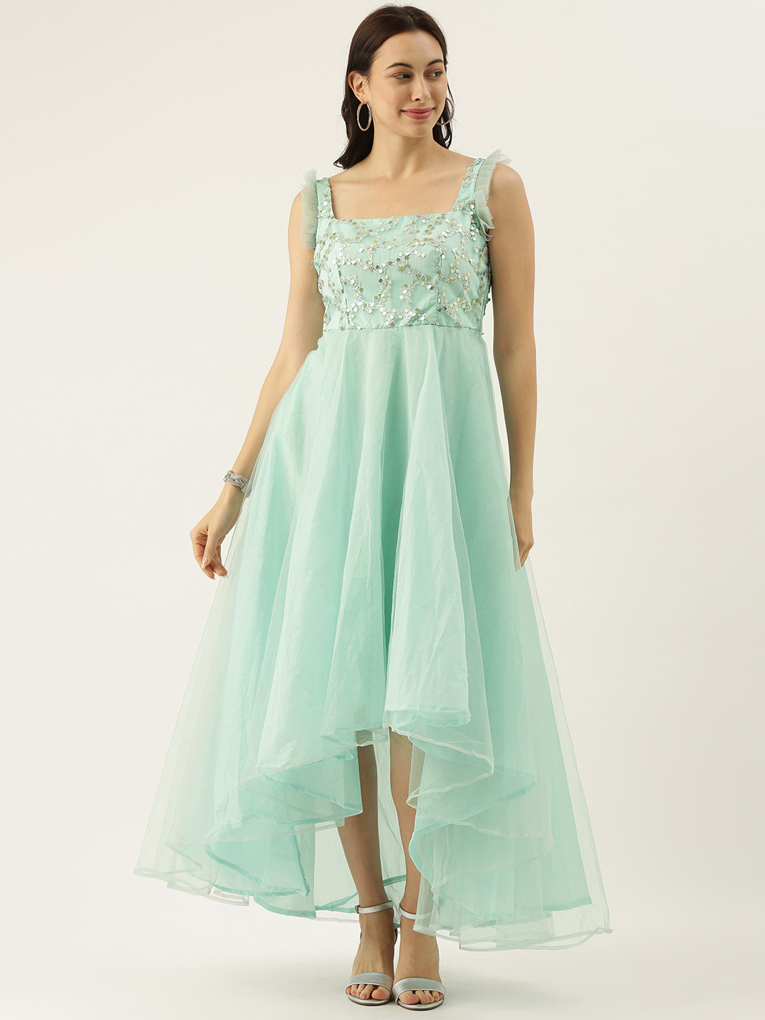 Ethnovog Women Mint Green Embellished Fit and Flare  Made To measure Dress