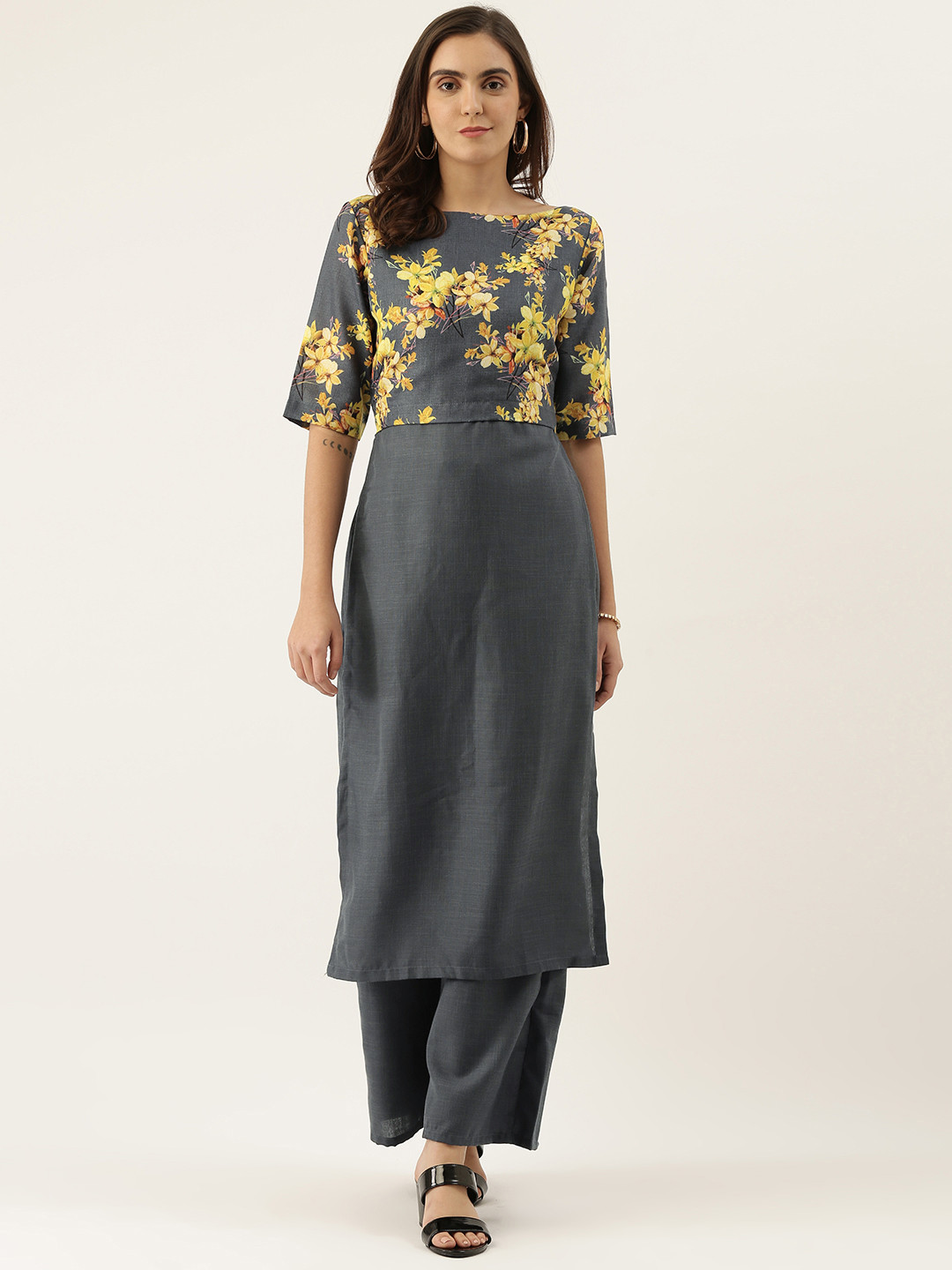 Ethnovog Women Grey  Yellow Floral Printed Made To Measure Kurta with Palazzos