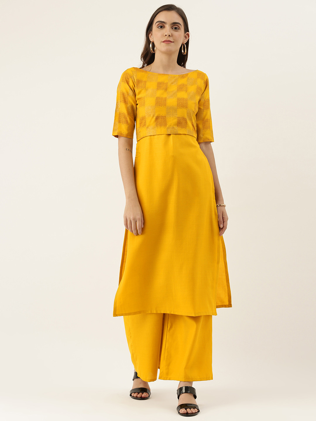 Ethnovog Women Mustard Yellow  Maroon Printed Made To Measure Kurta with Palazzos