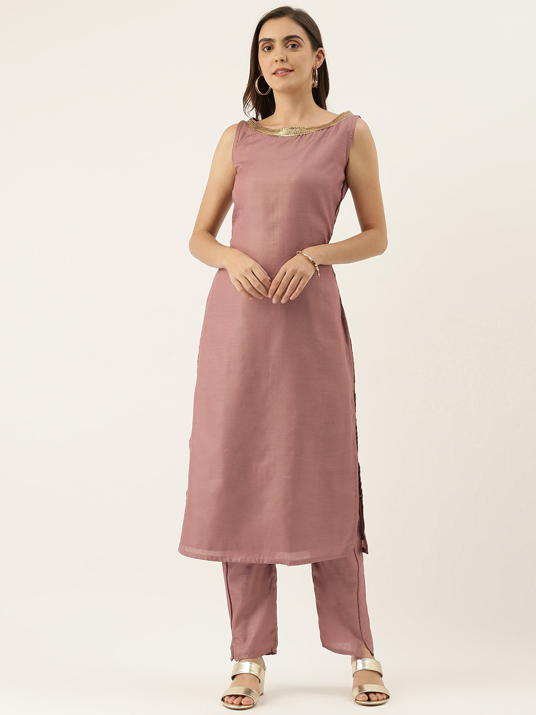Ethnovog Women Mauve Solid Made To Measure Kurta with Trousers