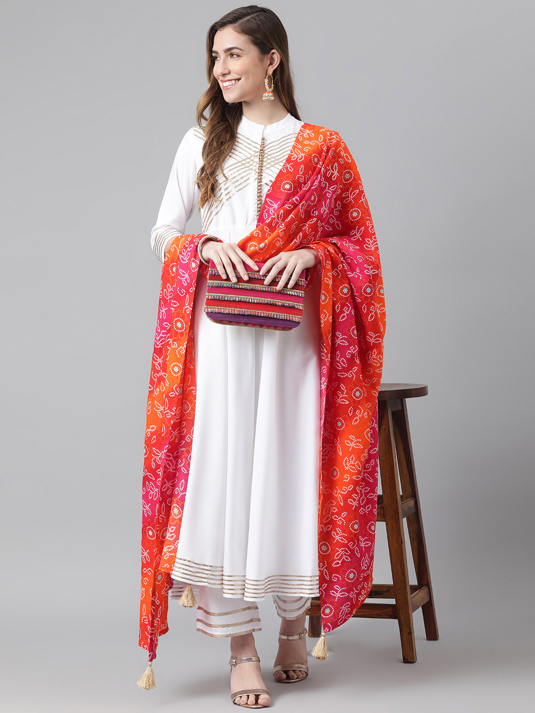 Khushal K Women White Yoke Design Gotta Patti Kurta with Palazzos & Dupatta