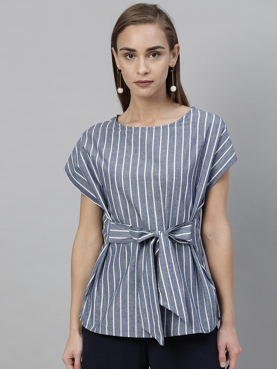 Vero Moda Women Blue & White Cinched Waist Top