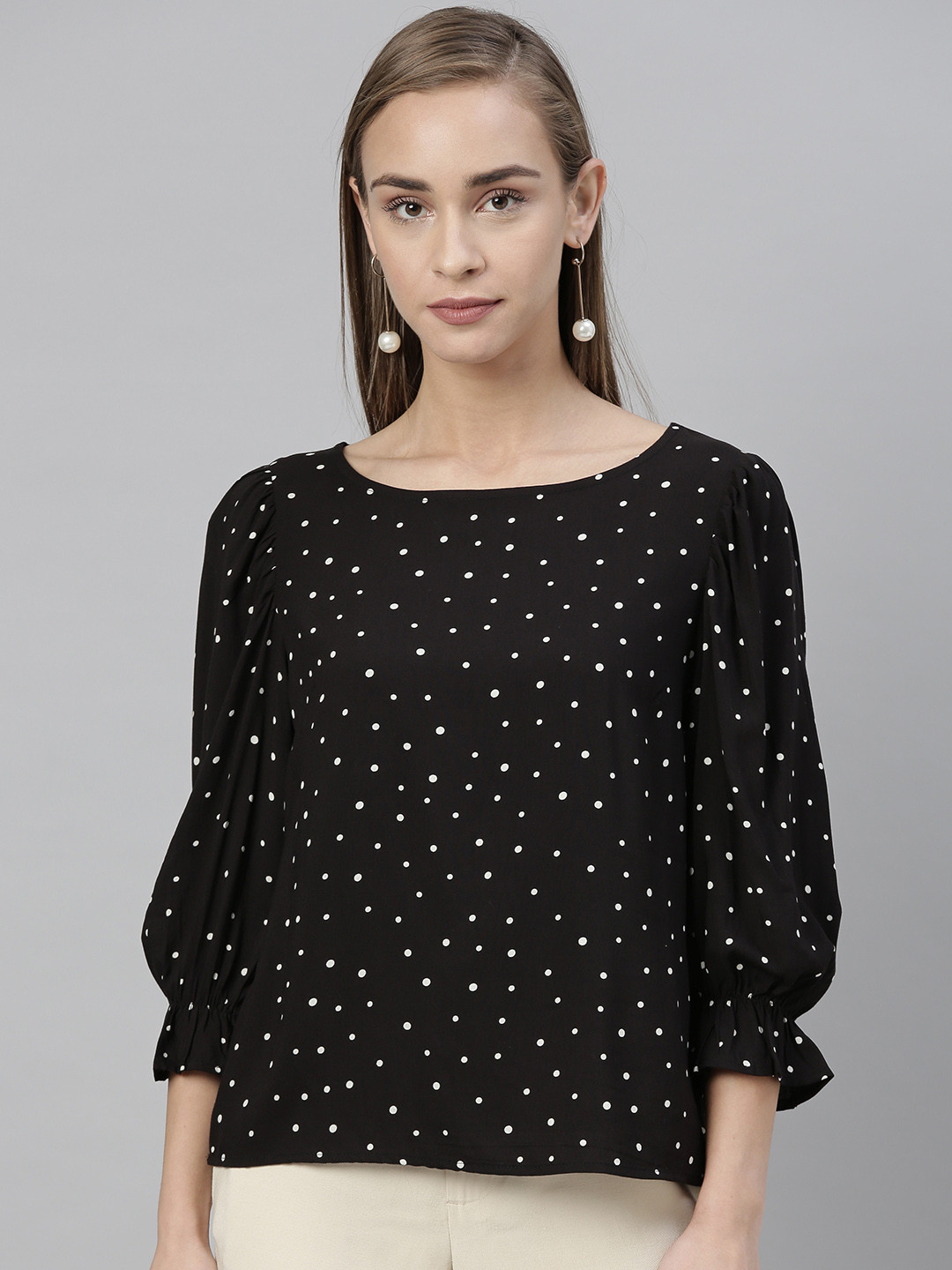 Vero Moda Women Black& White Polka Dot Printed Top