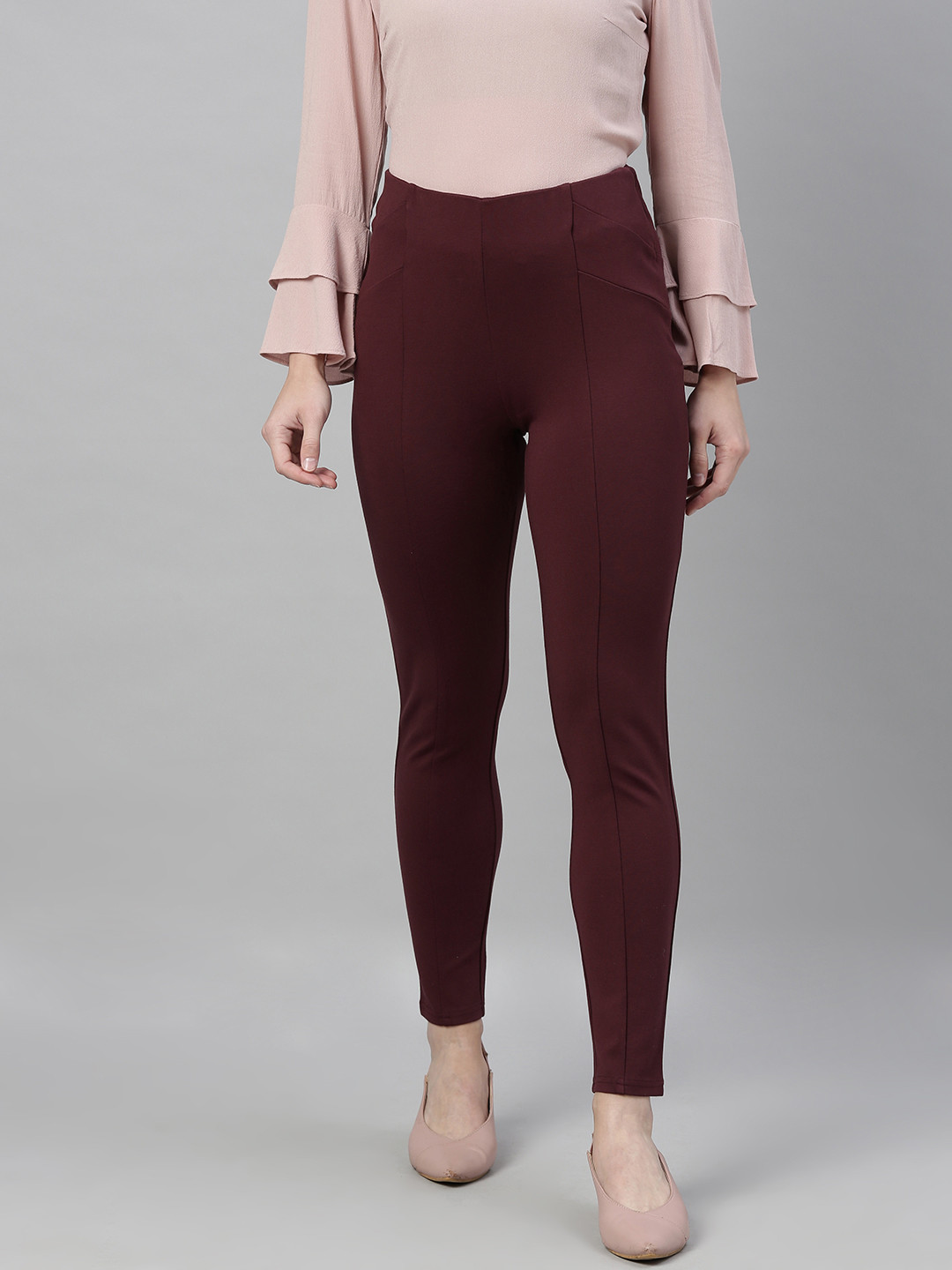Vero Moda Women Burgundy Solid Ankle Length Treggings