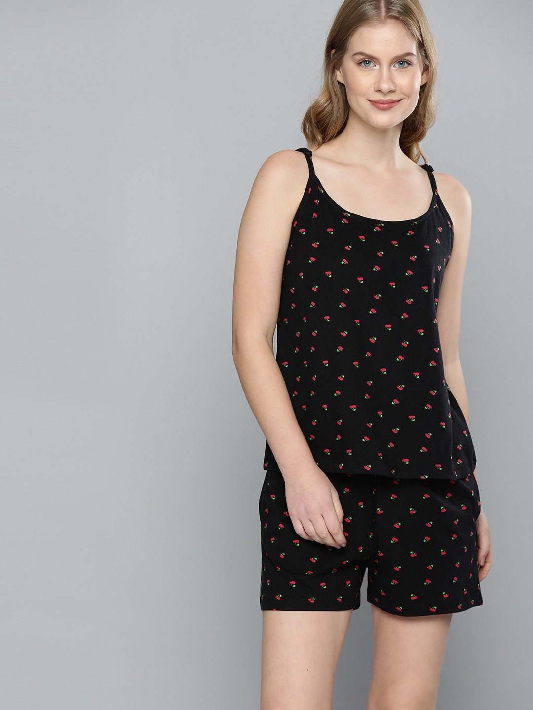 Mast & Harbour Women Black & Red Cherry Print Cotton Night suit with Fabric Pouch