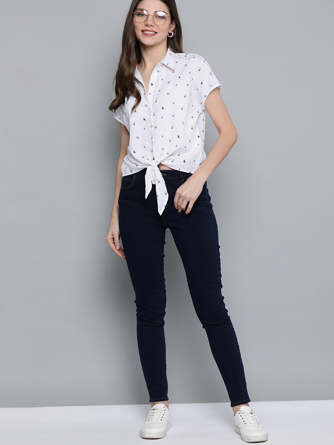 Mast & Harbour Women White & Blue Regular Fit Ship Print Casual Shirt