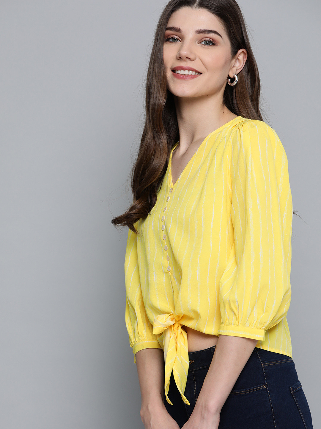 Mast & Harbour Women Yellow & White Striped Puff Sleeve Top