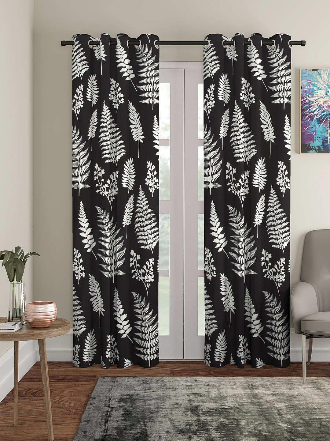 Cortina Set of 2 Black & Off-White Regular Curtains