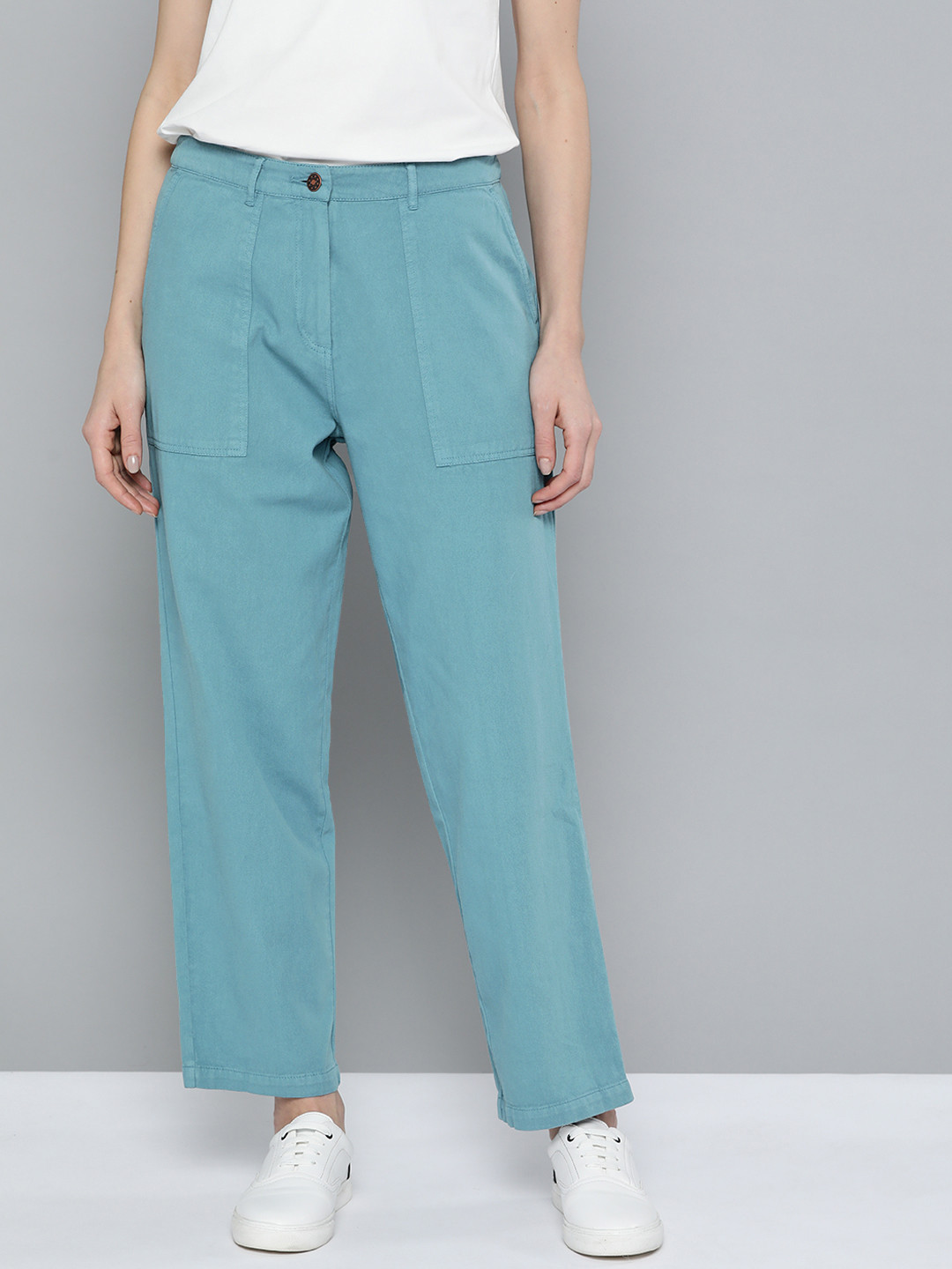 Mast & Harbour Women Turquoise Blue Solid Regular Trousers