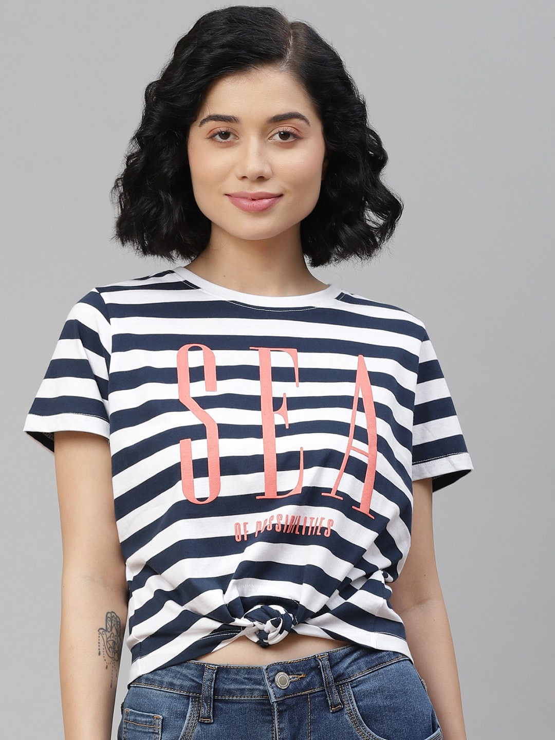 Mast & Harbour Women Navy Blue and White Striped Tshirt with Knot Detail