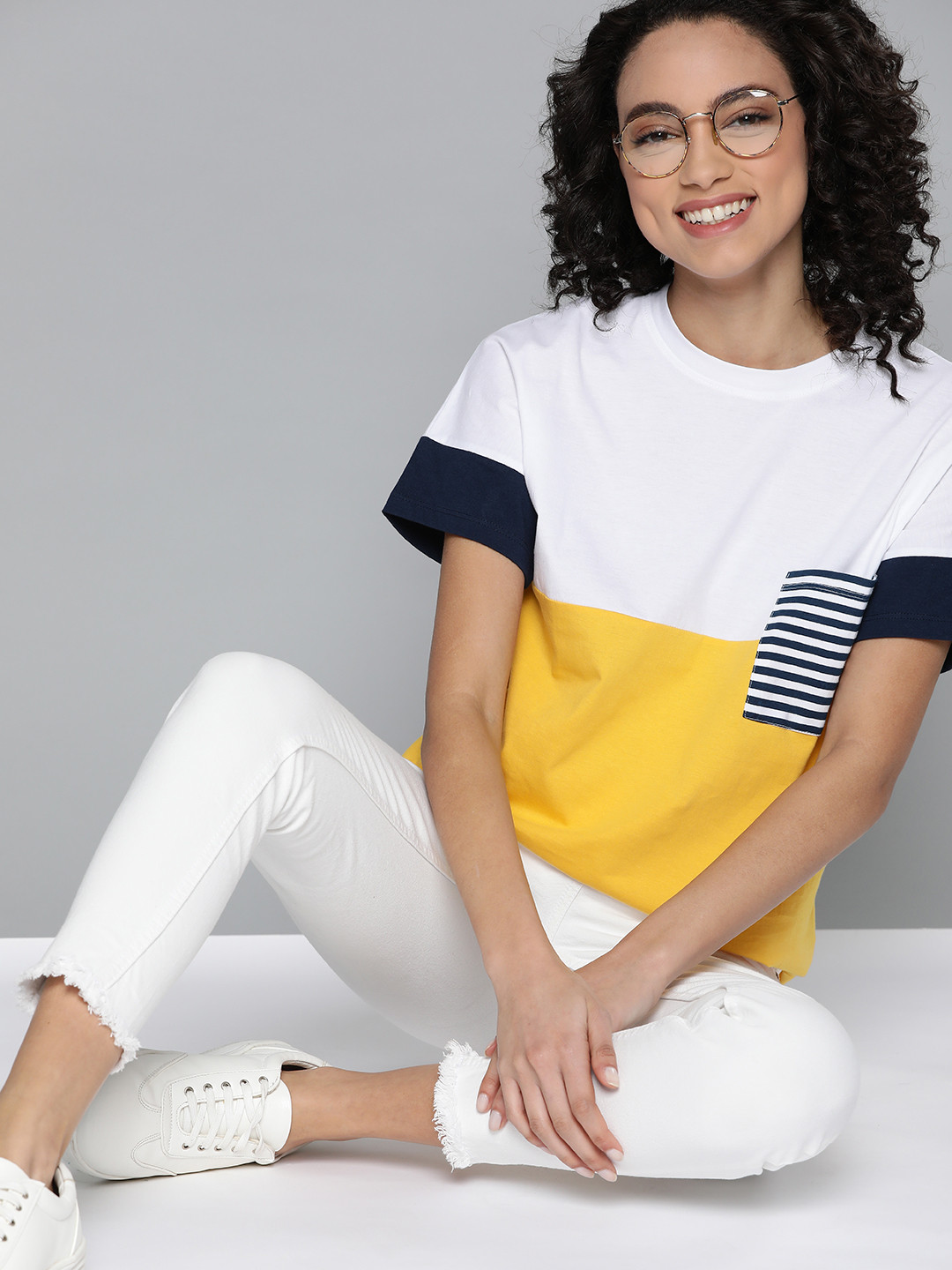 Mast & Harbour Women White & Yellow Pure Cotton Relaxed Fit Colourblocked T-shirt