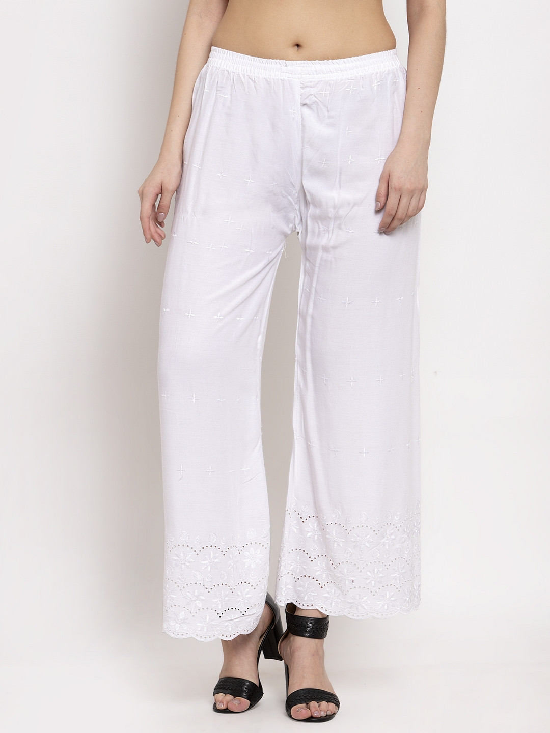 Miaz Lifestyle Women White Hem Design Straight Palazzos